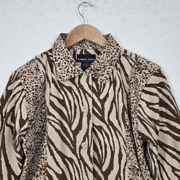 VTG Robert Louis Shirt Jacket Shacket sz M Brown Tan Animal Print Button Front - Picture 2 of 16